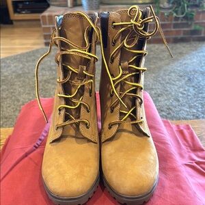 Timberland Tan Heeled Boots with Lace-Up Design